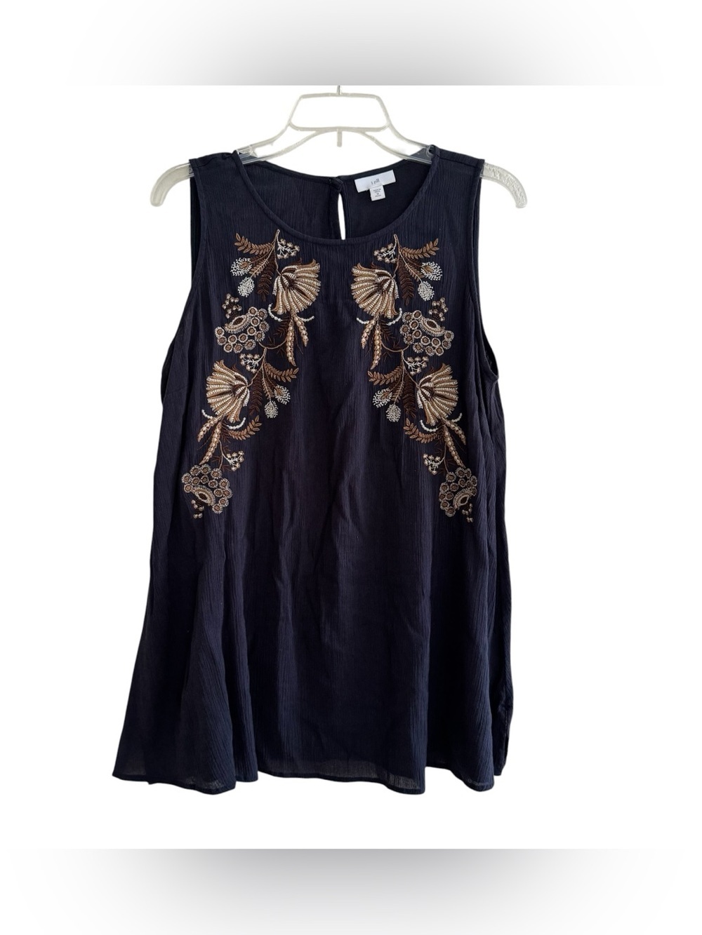 J. Jill Navy Blue Boho Floral Embroidered Crinkle Sleeveless Tunic Top MP - Picture 2 of 9